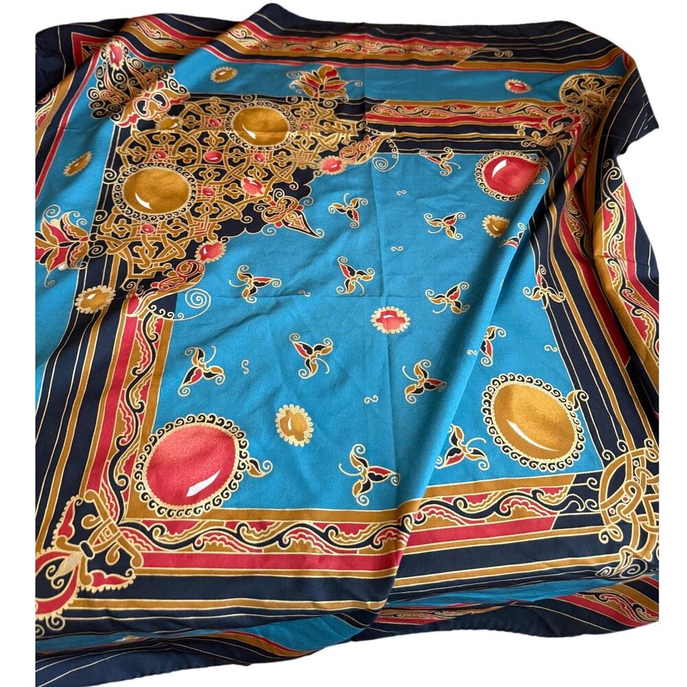 Vintage Italian Made Large Square Scarf Black Teal Metallic Gold